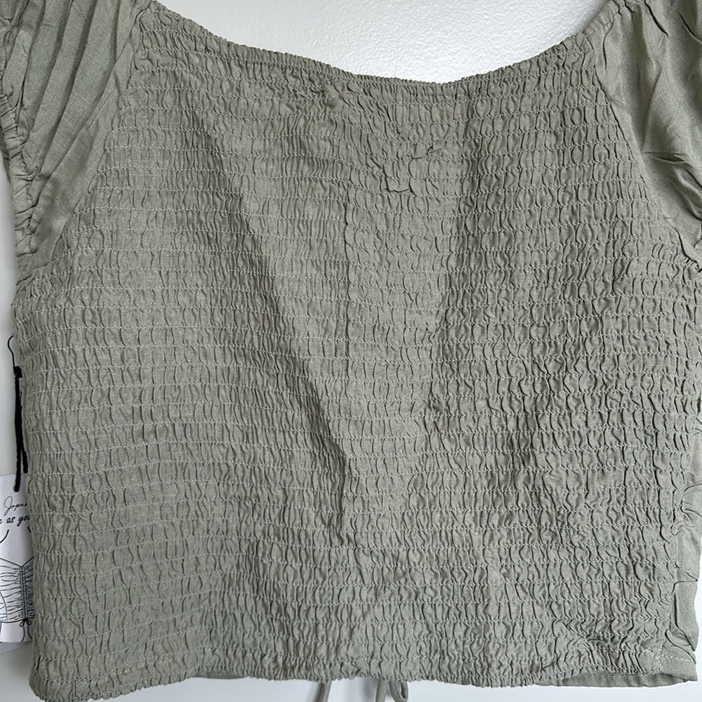 Japna Cinch Front Crop Top sz Medium Smock Back Off Shoulder Cap Sleeve Olive - Picture 12 of 13